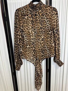Leopard Print Long Sleeve Bloused sheer chiffon Top that ties in front